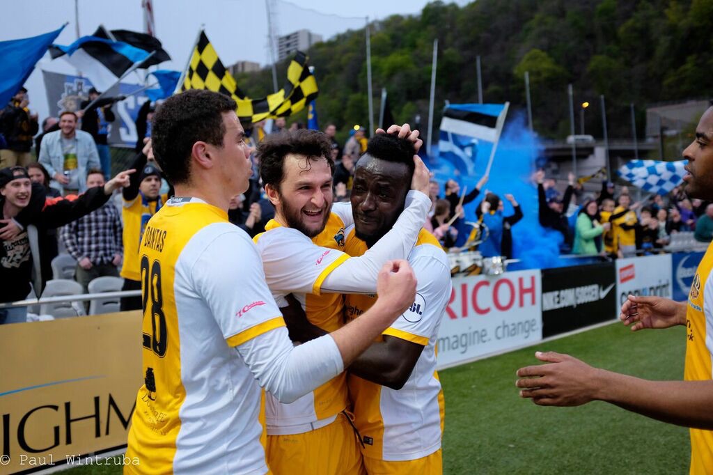 Kevin Kerr, Stephen Okai and Vini Dantas are hoping for same result as their April encounter with Toronto FC II. (Photo courtesy of Paul Wintruba) 
